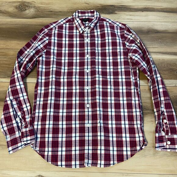 J Crew Shirt Mens Small Red White Blue Plaid Twill Button Up Long Sleeve - Picture 1 of 7
